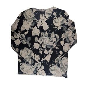 Talbots Pure Merino Wool Floral Cardigan Sweater Black Cream Rose Print Large
